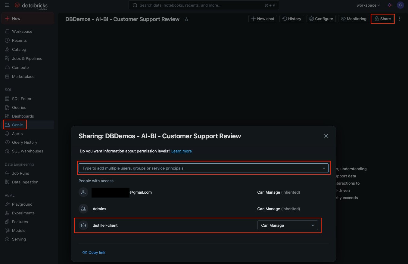 Access of service account to genie