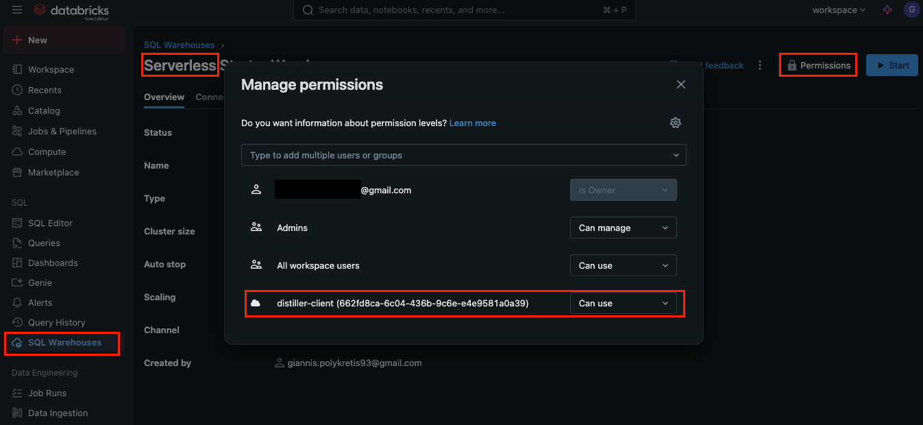Access of service account to warehouse